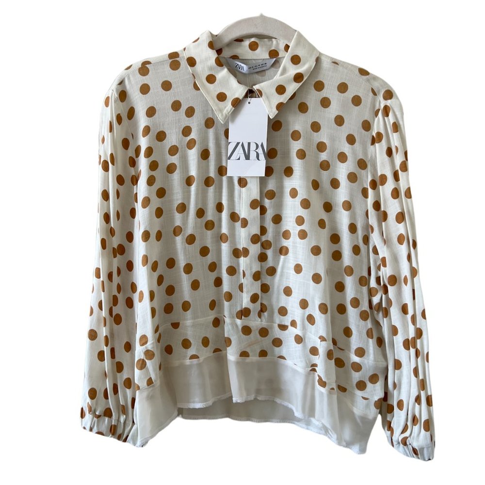 NWT Zara Polka Dot Lightweight Long Sleeve Blouse Size M